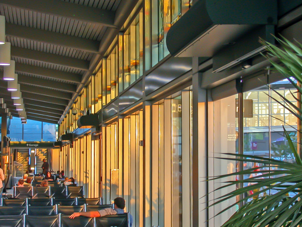 Berner's Architectural High Performance 10 air curtains installed over entrances at Sacramento Airport.