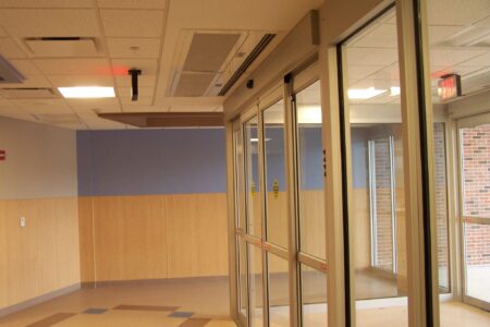Berner In-Ceiling mounted air curtain over main entrance of hospital.