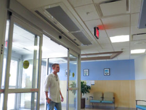 Berner Architectural Recessed 12 air curtain over hospital entrance.