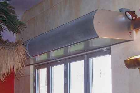 Berner High Performance 10 air curtain over restaurant patio entryway.