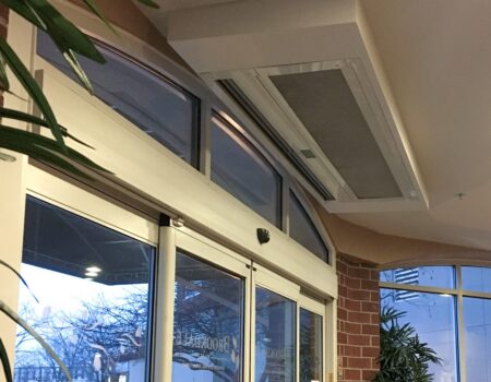 Berner's Architectural Recessed 12-16 Air Curtain over main entrance of an elder care facility main entrance.