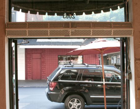 Berner Commercial Low Profile 8 Air Curtain over cafe main entrance.