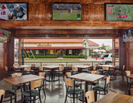 Berner's Commercial Low Profile 8 Custom Air Curtain over wall of doors at pub