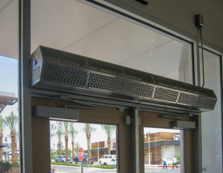 Berner's Commercial Low Profile 8 air curtain over main cafe entrance.