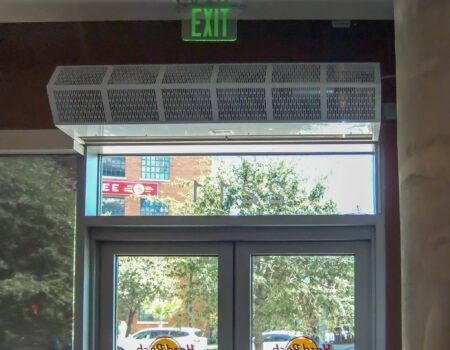 Berner's Sanitation Certified High Performance 7 Air Curtain over main entrance of Hard Rock Cafe