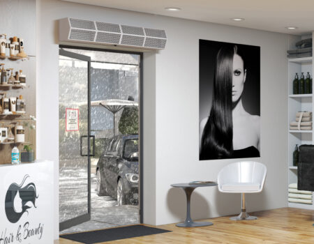 Berner Commercial High Performance 10 air curtain over salon entrance.