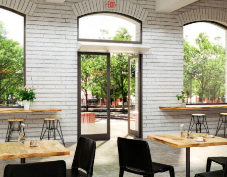 Berner's Architectural Elite 10 air curtain over cafe entrance.