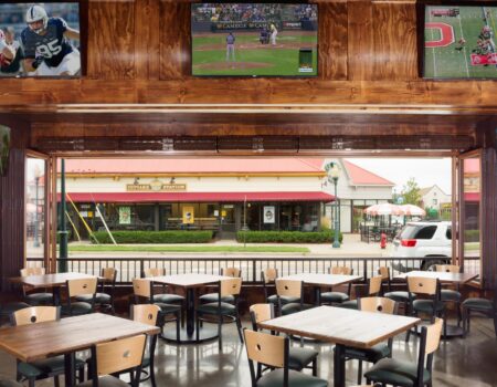 Berner Commercia Low Profile 8 Air Curtain over French doors at Too-Ra-Loo pub.