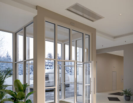 Berner's Architectural Recessed 16 air curtain over vestibule lobby entrance.