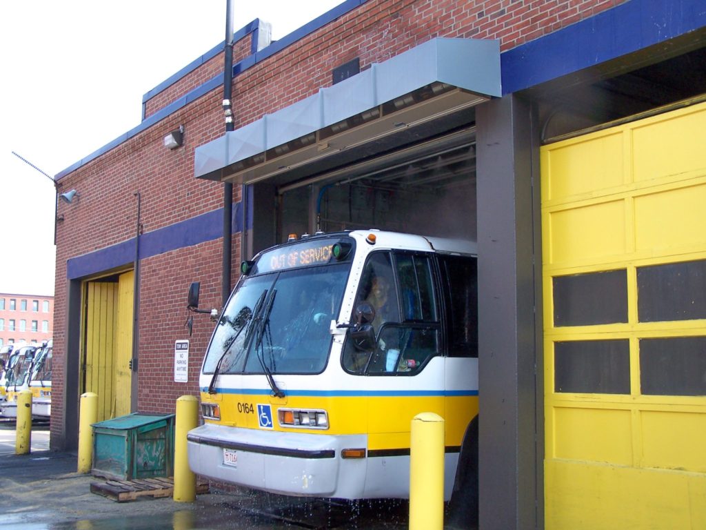 Berner's Industrial Direct Drive 12-14 Air Curtain over bus wash depot exit.