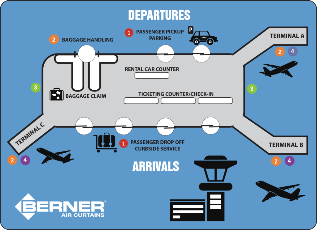 Map graphic of where airports use Berner air curtains.