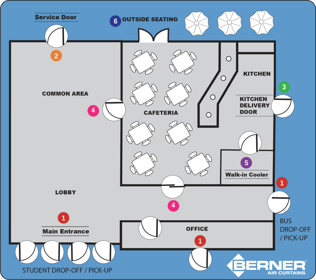 Map graphic of where schools use Berner air curtains.