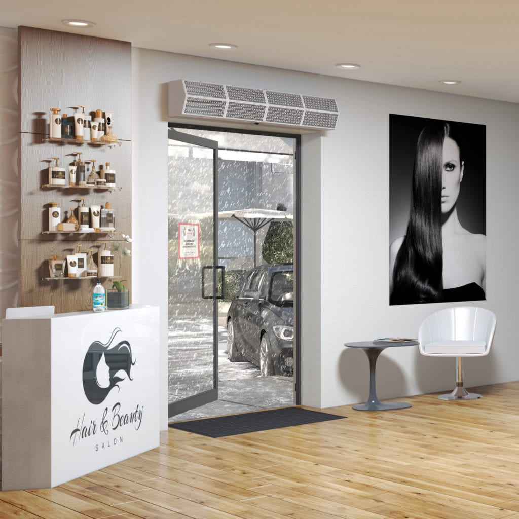 Berner's Commercial High Performance 10 air curtain protecting salon customer entrance.