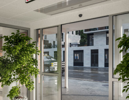 Berner Architectural Recessed 12 Air Curtain over hospital lobby entrance.