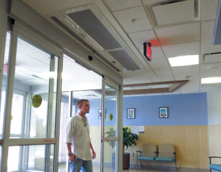 Berner's Architectural Recessed 12 air curtain over hospital lobby entrance.