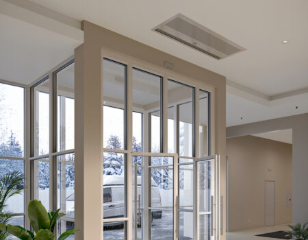 Berner's Architectural Recessed 16 air curtain over hospital lobby entrance.