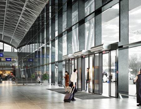 Berner's Architectural Icon 10 air curtain over airport entrance.