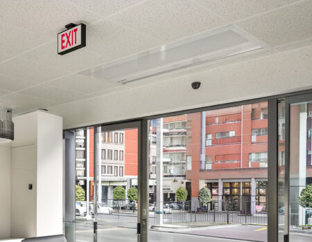 Berner's Architectural Recessed 12-16 air curtain over cafe entrance.