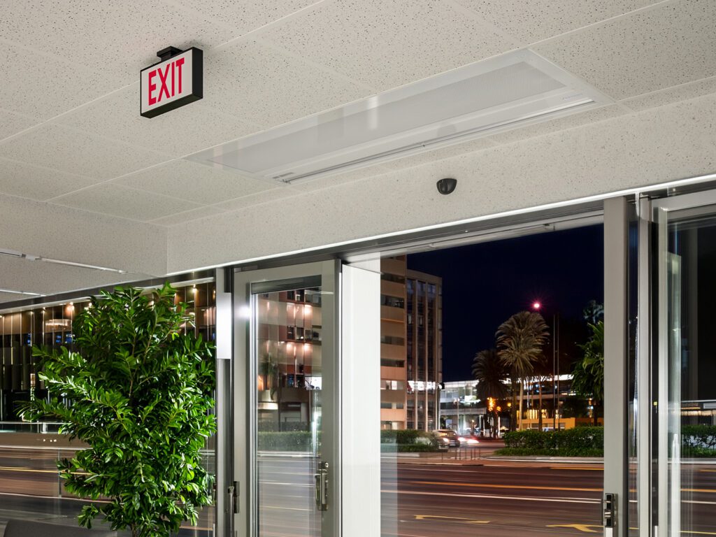 Berner's Architectural Recessed 12-16 air curtain over office building entrance.