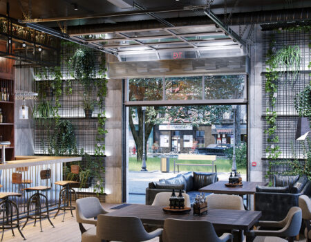 Berner industrial direct drive 12 air curtain restaurant with garage door opening SUMMER SCENE